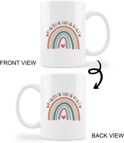 Vista 5 de Taza de cerámica retro Groovy Positive Vibes Boho Rainbow Heart de 11 onzas, taza de té con leche con asa, regalos positivos para mujeres