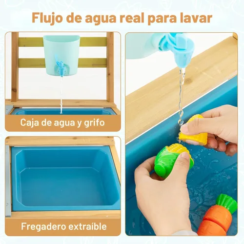Vista 3 de Costzon Cocina de madera para niños, cocina de barro al aire libre con fregadero extraíble, caja de agua y grifo, parte superior de la estufa