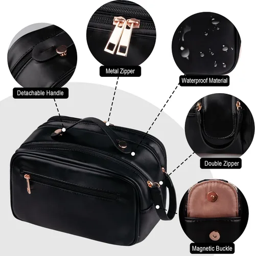 Vista 5 de Neceser de aseo personal, organizador de artículos de aseo de viaje de piel sintética, doble cremallera, bolsa de cosméticos de viaje de gran Negro