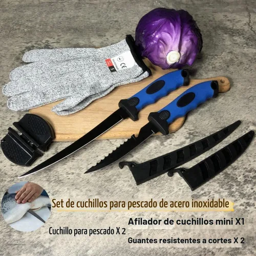 Vista 7 de Juego de 2 cuchillos de filete, cuchillos de filete de acero inoxidable de 5 y 7 pulgadas para pescado, equipo de pesca, juego de herramientas de 2