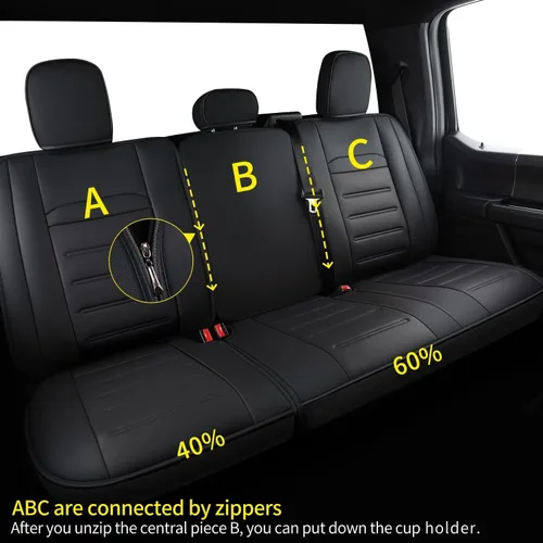 Vista 6 de LUCKYMAN CLUB Fundas de asiento de piel sintética para F150, compatibles con F150 SuperCrew 2015-2024, y F250 F350 F450 Super Duty Crew Cab Negro