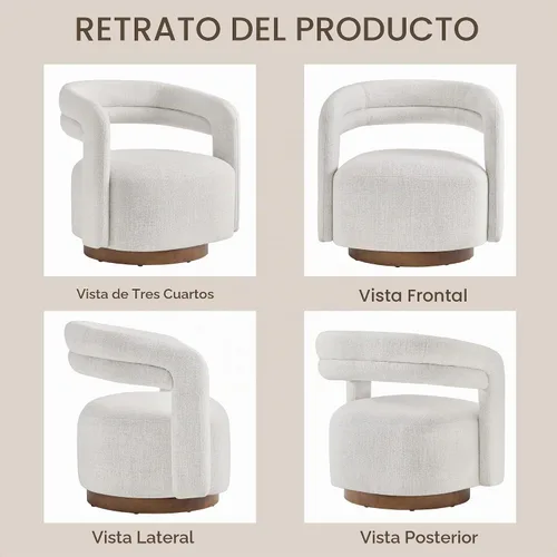 Vista 4 de Silla giratoria decorativa, silla de barril tapizada con diseño de respaldo abierto, silla moderna con base de madera para sala de estar Crema