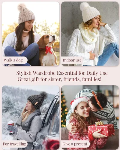 Vista 7 de 3 gorros para mujer con pompón, gorro de punto para mujer invierno y otoño, sombreros de invierno cálidos de moda para mujer