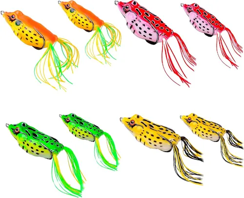 Vista 8 de Señuelo de rana Topwater, kit de señuelos de pesca para trucha, señuelos de rana realistas con ganchos sin hierbas, cebo flotante suave para agua