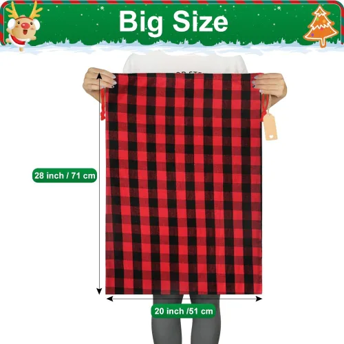 Vista 2 de HRX Package 2 bolsas de algodón de Papá Noel, bolsas de Navidad de tela a cuadros de 28 x 20 pulgadas, bolsas de Navidad reutilizables con etiqueta
