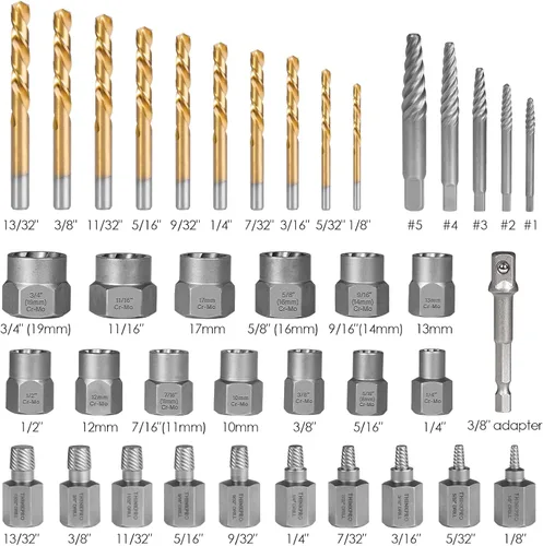 Vista 2 de Juego de 39 piezas de extractor de pernos y kit de brocas, extractores de tornillos de splines múltiples, juego de zócalos de extracción fácil