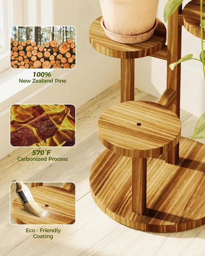 Vista 5 de Bamworld Soporte para plantas de 3 niveles para interiores, estante esquinero de madera para múltiples plantas, soporte redondo pequeño para flores