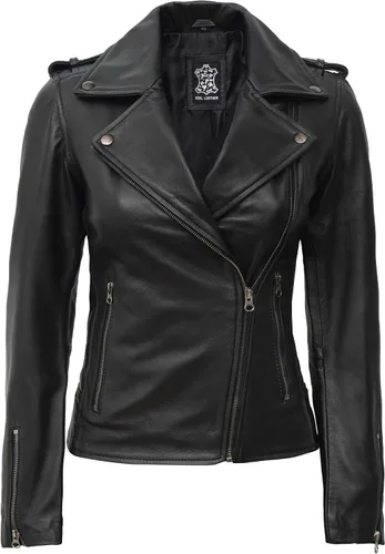Vista 2 de Chaqueta de cuero para mujer Bomber motocicleta Biker Real piel de cordero chaqueta para mujer