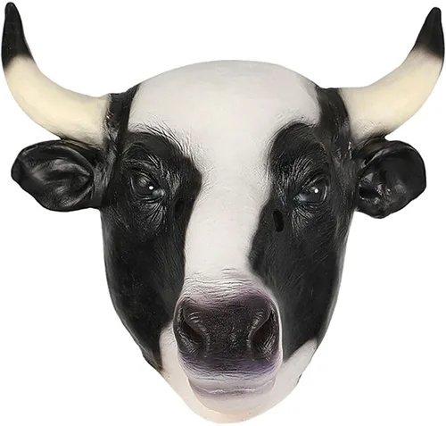 Vista 4 de Máscara de cabeza de vaca lechera, disfraz de toro para Halloween, fiesta de máscaras, látex