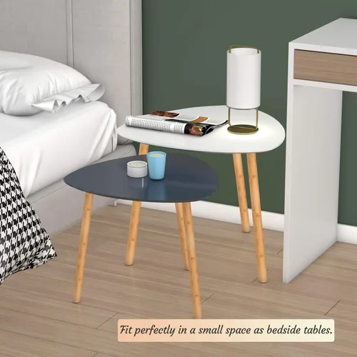 Vista 6 de Mesas de centro anidables de bambú, mesa de centro pequeña para sala de estar, juego de 2 mesas auxiliares triangulares, mesa auxiliar moderna