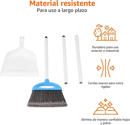 Vista 4 de Juego de escoba y recogedor Amazon Basics con montaje fácil y mango largo, azul y blanco