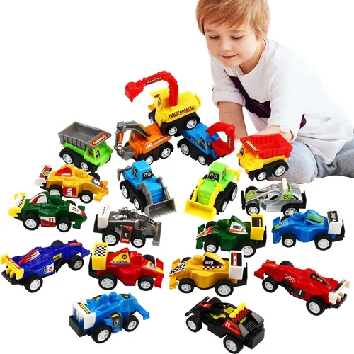 Vista 6 de Juego de 20 piezas surtidas de mini camión de juguete y auto de carreras, juego de vehículos de construcción para niños, regalos de fiesta