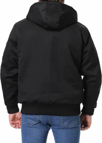 Vista 2 de MOERDENG Chaqueta de utilidad de ajuste relajado para hombre, forro polar de pato lavado, múltiples bolsillos, abrigo con capucha de invierno