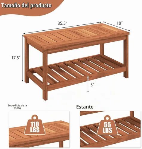 Vista 3 de Tangkula Mesa de centro de madera para exteriores, mesa de centro de patio de 2 niveles con mesa de madera dura de listones y estante