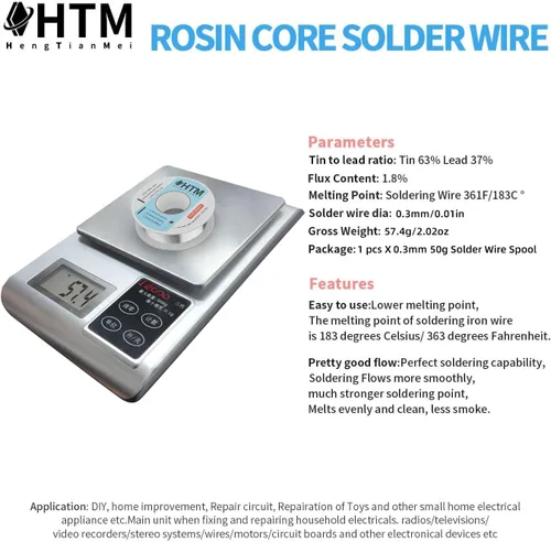 Vista 4 de HengTianMei 63/37 Alambre de soldadura con núcleo de colofonia de estaño y plomo para soldadura eléctrica (0.3mm/50g)
