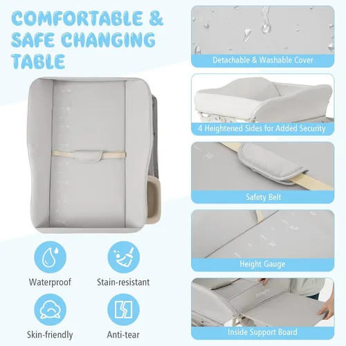 Vista 4 de BABY JOY Cambiador portátil para bebé, estación de cambio de pañales plegable con ruedas, altura ajustable, estante de almacenamiento grande, lavabo