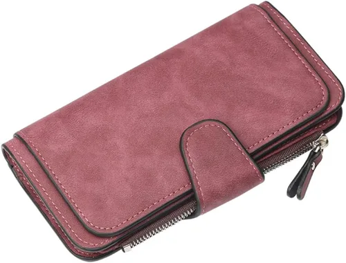 Vista 27 de Carteras de cuero para mujer con bloqueo RFID, billetera delgada, plegable, tarjetero con cremallera, bolsillo para monedas, ventana