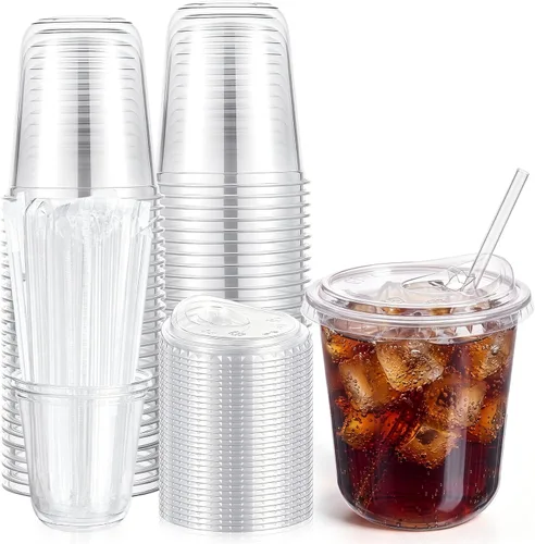 Vista 9 de Ziliny Paquete de 50 vasos de plástico transparente negro de 12 onzas con tapas y popotes, vasos desechables para mascotas, taza de café helado