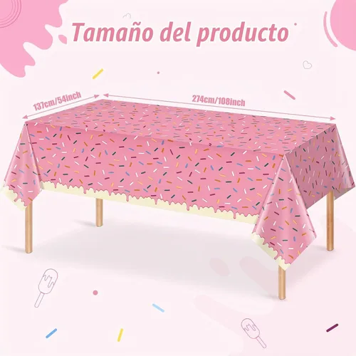 Vista 2 de 3 Piezas Mantel de Donas con Chispitas, Mantel de Mesa de Helado Rosa, Cubiertas de Mesa Rectangulares de Plástico Desechable para Niña Bebé Dulce