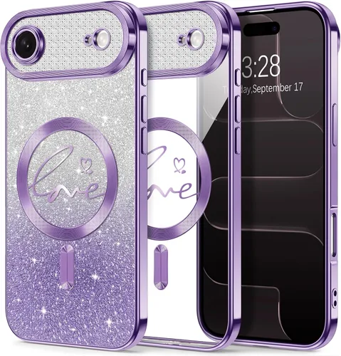 Vista 174 de Hython Funda para iPhone Air con purpurina, compatible con MagSafe Love Heart fundas magnéticas transparentes para teléfono para mujeres y niñas