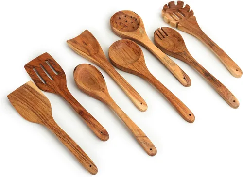 Vista 6 de Juego de 8 utensilios de cocina de madera de acacia, espátula de madera de 12 pulgadas de largo para cocinar, cucharas de madera antiadherentes