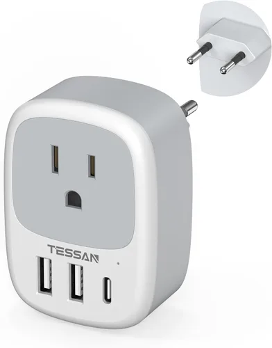Vista 10 de TESSAN - Adaptador de viaje de Reino Unido a EE. UU. con salida de CA 3 USB (1 USB C)