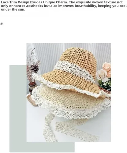 Vista 5 de Women's Wide Brim Lace Straw Hat with UPF50 Sun Protection for Beach Beige