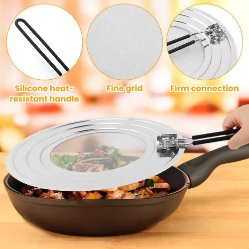 Vista 11 de Pantalla de salpicaduras de acero inoxidable para sartén, protector de salpicaduras de grasa plegable con mango aislado plegable para sartenes