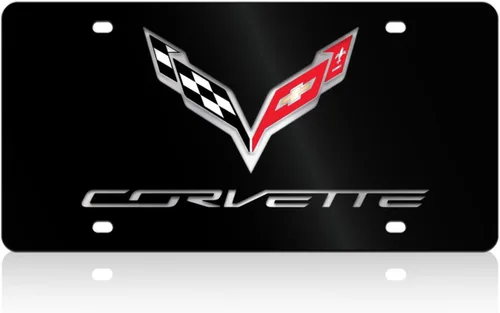 Vista 3 de Crossed Flags - Placa de matrícula de acero inoxidable negro para C7 Stingray Corvette