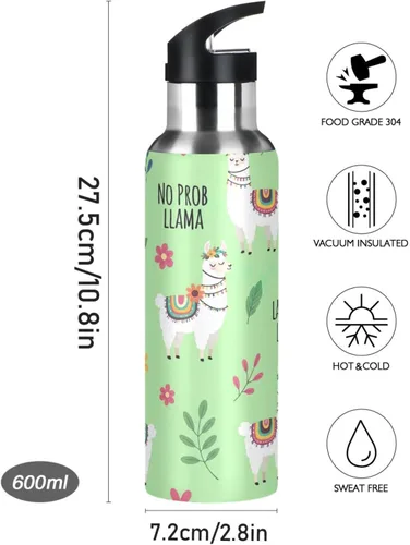 Vista 9 de Cute Llamas Flowers Green Insulated Stainless Steel Water Bottle with Straw 32 Oz, BPA-Free Sport Water Bottle Insulated Leakproof Water Bottles
