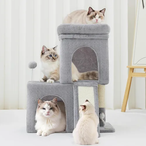 Vista 2 de Woochpet Árbol para gatos de 24 pulgadas de alto con 2 condominios para gatos y juguete de ratón, acogedora torre pequeña para gatos con poste