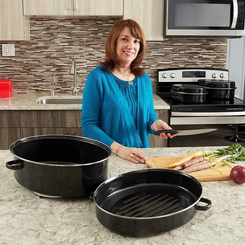 Vista 5 de Home Basics - Sartén esmaltada de 12 pulgadas con tapa abovedada, olla ovalada de acero al carbono con 4 asas, sartén antiadherente versátil