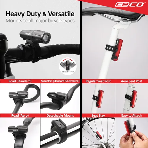 Vista 6 de CECO -Estados Unidos: faro delantero de 1000 lúmenes y luz trasera LED COB de 80 lúmenes para ciclistas que quieren ver lejos y ser visto desde