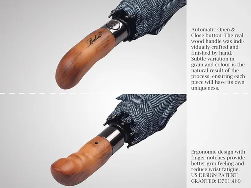 Vista 6 de Prestige - Paraguas plegable de viaje, mango de madera hecho a mano, apertura y cierre automático