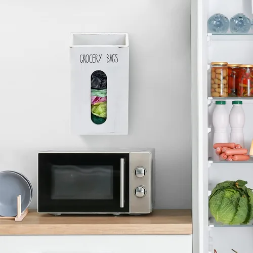 Vista 5 de Soporte para bolsas de comestibles de granja para cocina, soporte de bolsa de plástico de madera para reciclar bolsas de plástico, dispensador
