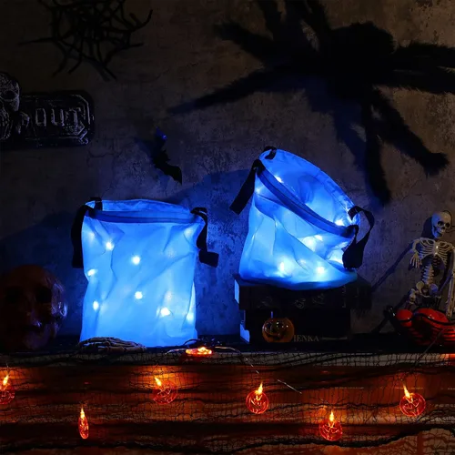 Vista 2 de Shappy 2 bolsas de dulces de Halloween con luz LED, para dulce o truco, cubo de dulces de Halloween, multiusos, reutilizable, para suministros