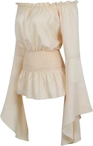 Vista 2 de Blusa renacentista con hombros descubiertos y manga larga tipo trompeta para mujer, disfraz de campesina, época medieval o victoriana.