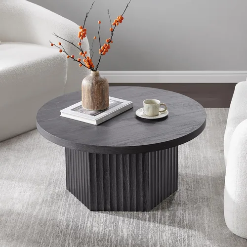 Vista 7 de SICOTAS Mesa de Centro Redonda para Sala de Estar, Mesa de Centro Acanalada Moderna de Mediados de Siglo con Almacenamiento, Mesa de Acento de Té