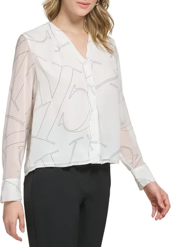 Vista 2 de Calvin Klein Blusa estampada de manga larga de gasa de poliéster para mujer