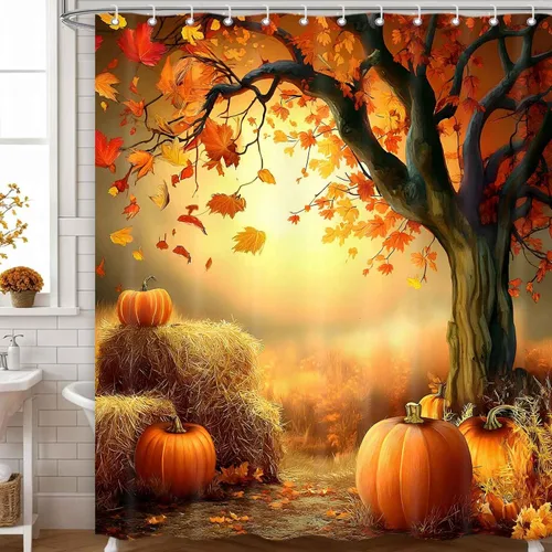 Vista 7 de Cortina de ducha de Acción de Gracias de otoño con pavo, juego de cortinas de baño de granja con flores de calabaza de otoño y cosecha, tela