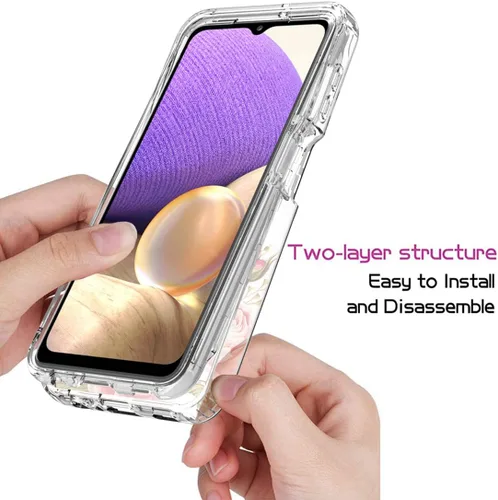 Vista 4 de Funda para Galaxy A32 5G/M32 5G SM-A326 con protector de pantalla de vidrio templado, cuerpo completo, transparente, flexible, con diseño floral