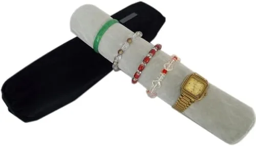 Vista 2 de Bolsa de viaje para reloj de pulsera, organizador de joyas, bolsa portátil de terciopelo negro y gris con inserto de rollo extraíble