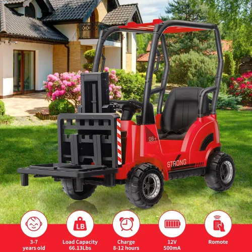 Vista 4 de Carretilla elevadora de 12 V para niños, coche eléctrico de construcción con control remoto, horquilla y palet elevable, 2 velocidades, música, USB
