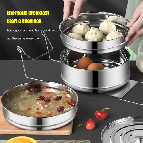 Vista 6 de Olla de cocina de acero inoxidable, olla de vapor con tapa, doble caldera para cocinar, sartén apilable de 2 niveles para cocina