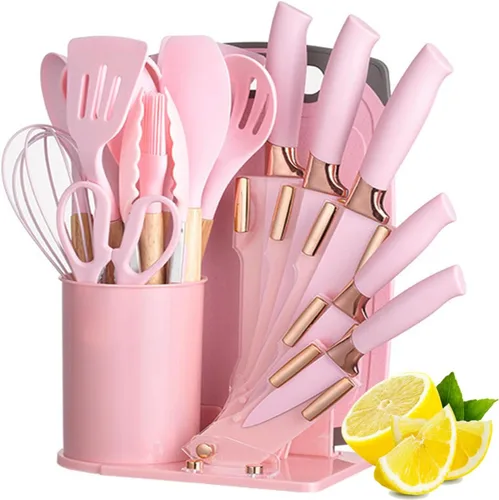 Vista 12 de Juego de utensilios de cocina y cuchillos de cocina de 19 piezas con bloque de soporte, incluye 11 utensilios de cocina de silicona, 5 cuchillos