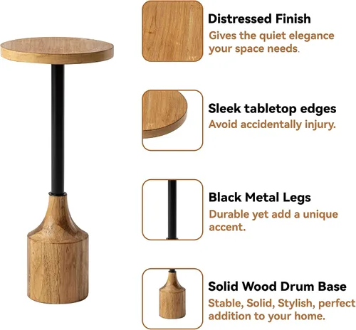 Vista 5 de COZAYH Mesa auxiliar de pedestal de granja, mesa de bebida de madera rústica con base, mesa redonda de Martini para espacio pequeño, sala de estar