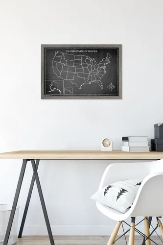 Vista 6 de Trends International Chalk Map - Póster de pared de Estados Unidos, 14.725 x 22.375 pulgadas, versión enmarcada de madera de granero Versión