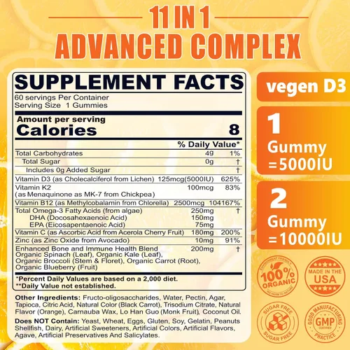 Vista 2 de Gomitas de vitamina D3 K2 5000IU / 10,000 UI con omega-3 250 mg+K2 (MK-7) 100 mcg -5 veces absorción que D3K2 estándar, con vitamina C, zinc y 5