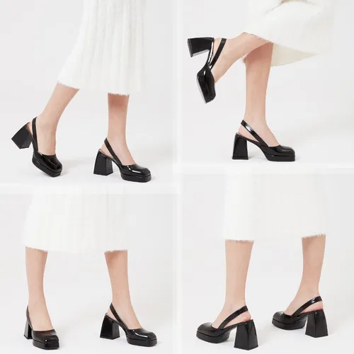 Vista 3 de Goiphrri Sandalias de tacón alto grueso con plataforma y punta cuadrada para mujer, tacón de bloque, sandalias de verano con tacón grueso, zapatos