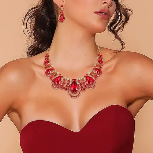 Vista 2 de BriLove Conjunto de collar y aretes colgantes para mujer, diseño de lágrima de cristal